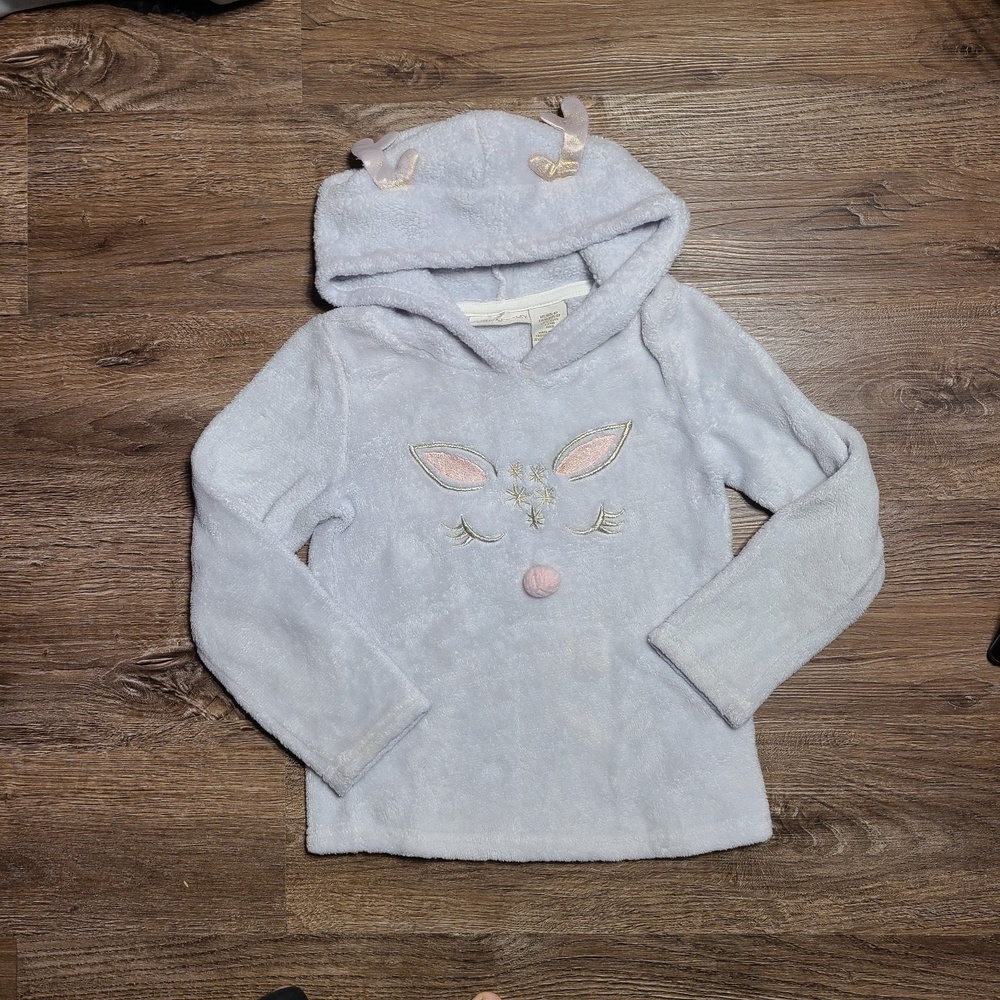 Cynthia Rowley Girls Reindeer Hoodie 6/6X Plush Gray Pink Antlers Winter Top